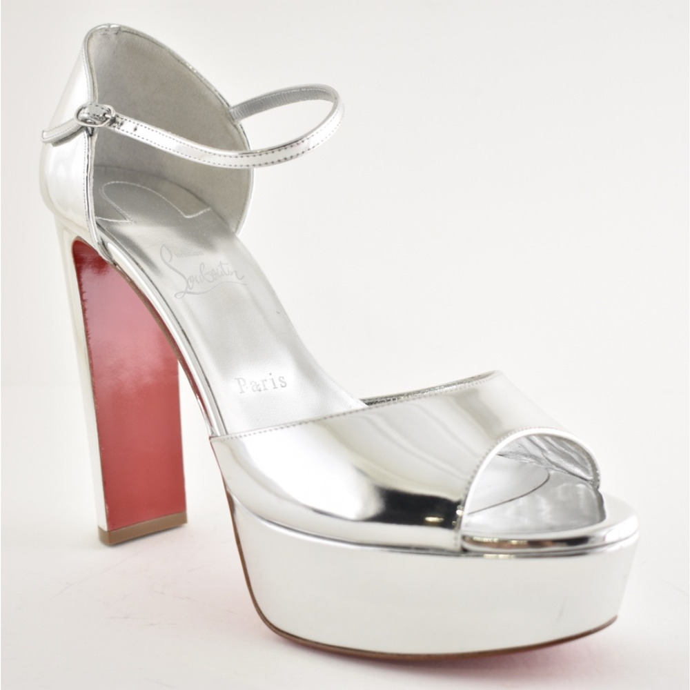 Christian Louboutin Sandaloo 130 Silver Strap Platform Block Heel Sandal Pump 41 - Picture 6 of 16